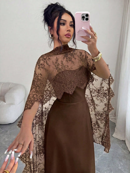 Elenzga Elegant Coffee Brown Fall Winter Maxi Dress, Lace Patchwork Halter A-Line,Ruffle Hem,Fish Bone Line Divider,Long Trailing,Party,Halloween, Events