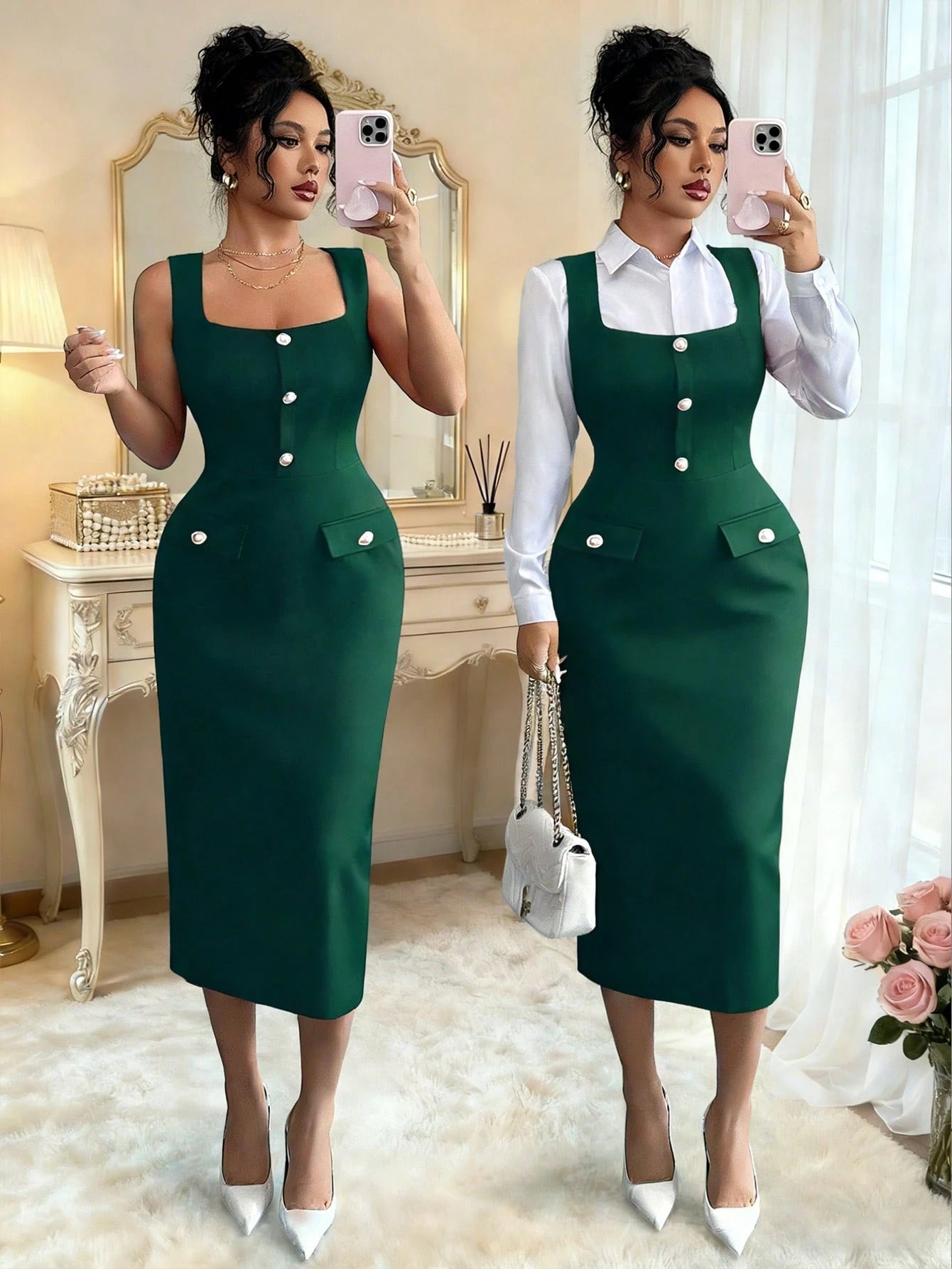 Elenzga Elegant French Style Dark Green Autumn Office Bodycon Dress,Textured Knit Square Neck Sleeveless Fitted Faux Pearl Button Elongating Versatile Dress