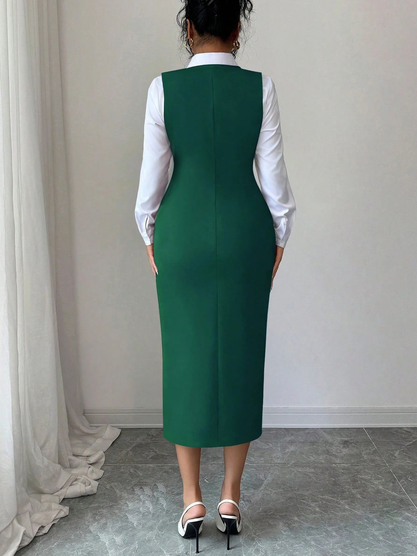 Elenzga Elegant French Style Dark Green Autumn Office Bodycon Dress,Textured Knit Square Neck Sleeveless Fitted Faux Pearl Button Elongating Versatile Dress