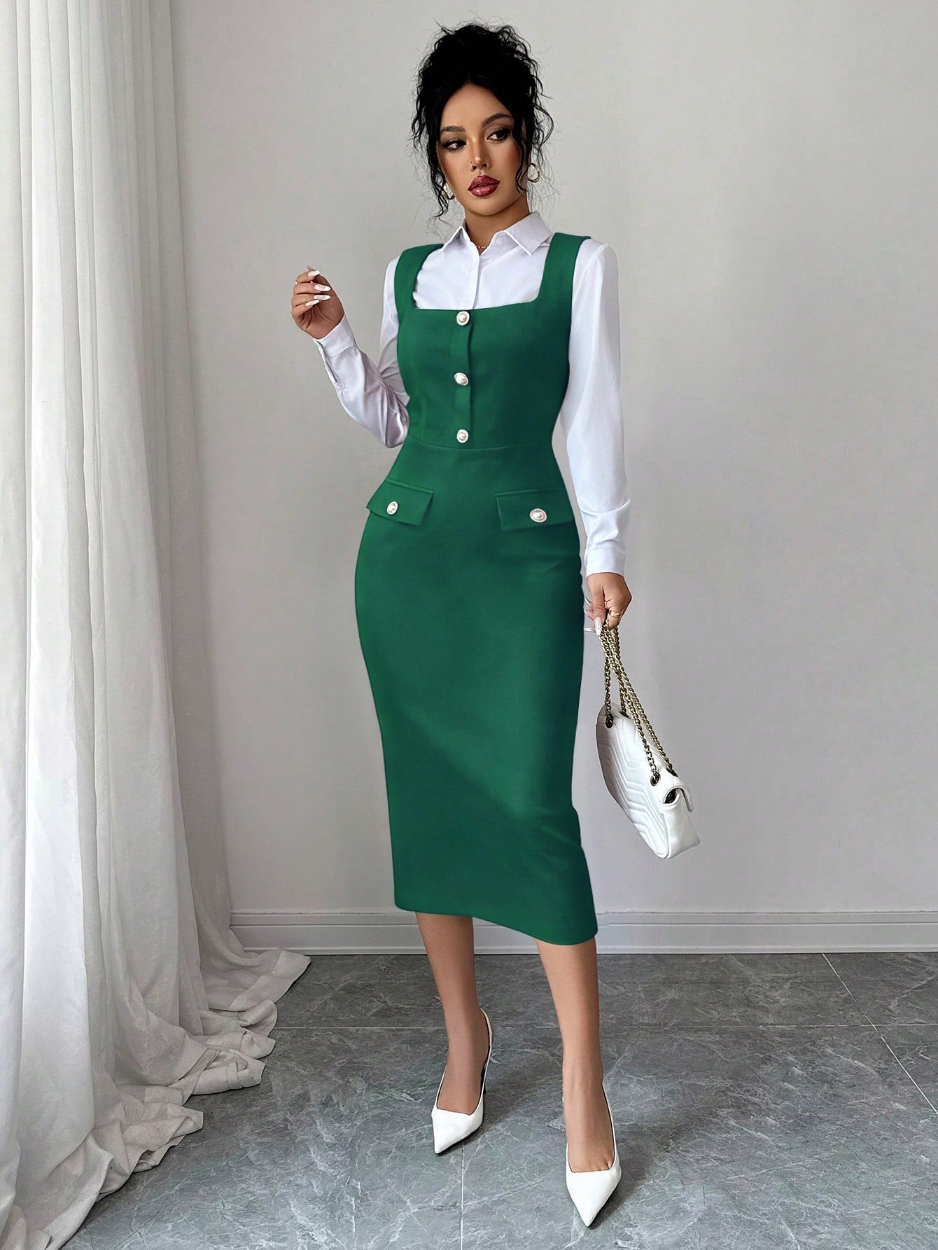Elenzga Elegant French Style Dark Green Autumn Office Bodycon Dress,Textured Knit Square Neck Sleeveless Fitted Faux Pearl Button Elongating Versatile Dress
