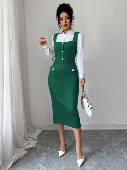 Elenzga Elegant French Style Dark Green Autumn Office Bodycon Dress,Textured Knit Square Neck Sleeveless Fitted Faux Pearl Button Elongating Versatile Dress