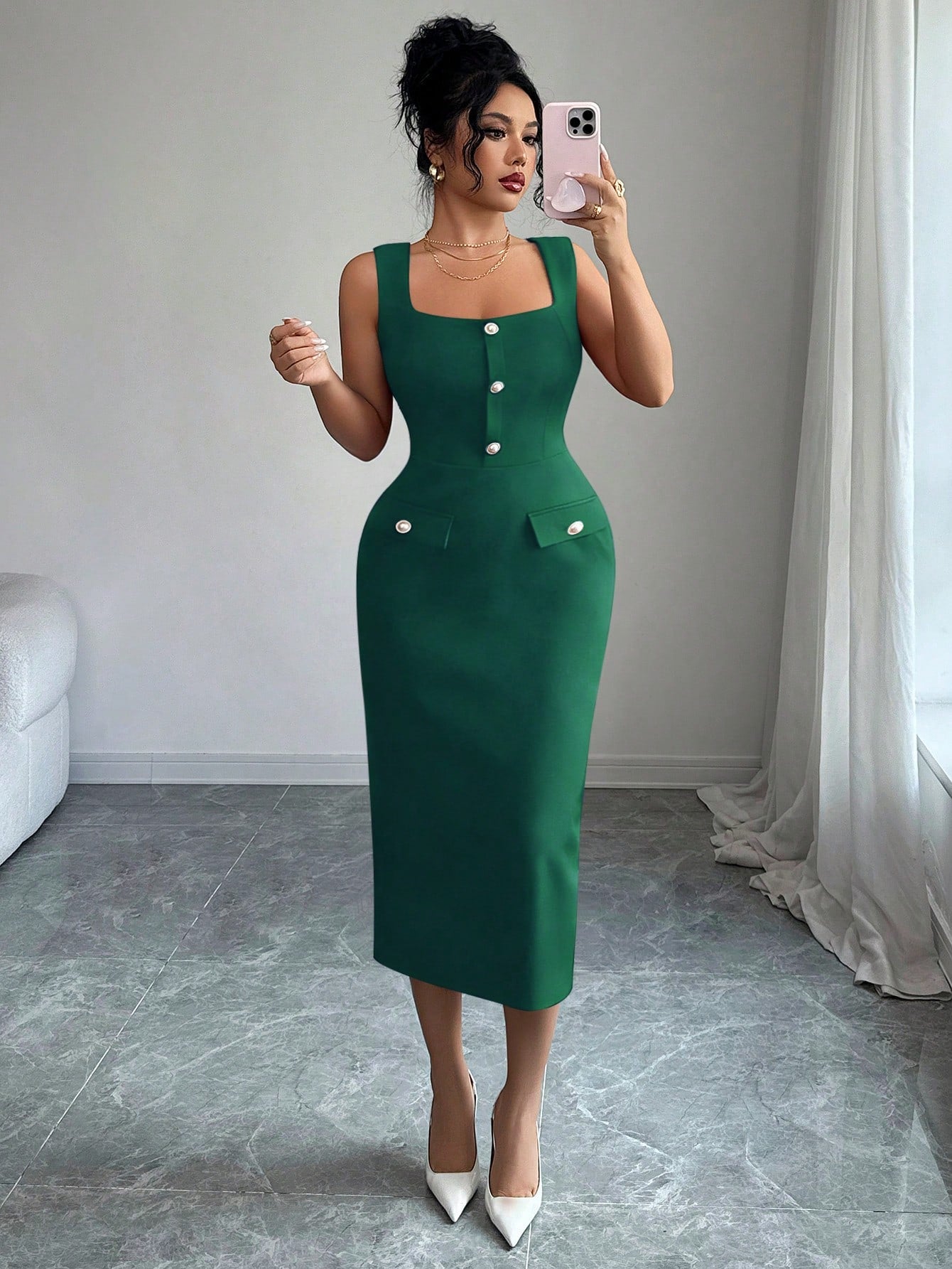 Elenzga Elegant French Style Dark Green Autumn Office Bodycon Dress,Textured Knit Square Neck Sleeveless Fitted Faux Pearl Button Elongating Versatile Dress