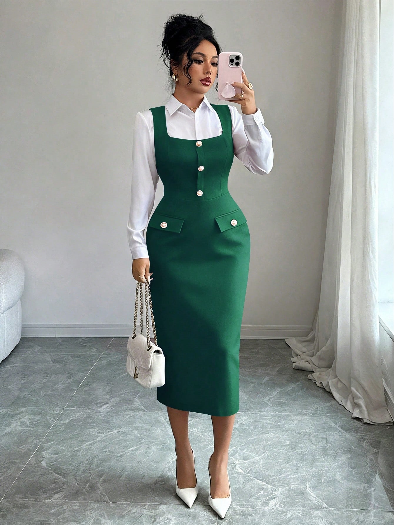 Elenzga Elegant French Style Dark Green Autumn Office Bodycon Dress,Textured Knit Square Neck Sleeveless Fitted Faux Pearl Button Elongating Versatile Dress