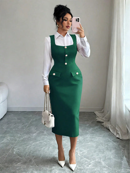 Elenzga Elegant French Style Dark Green Autumn Office Bodycon Dress,Textured Knit Square Neck Sleeveless Fitted Faux Pearl Button Elongating Versatile Dress