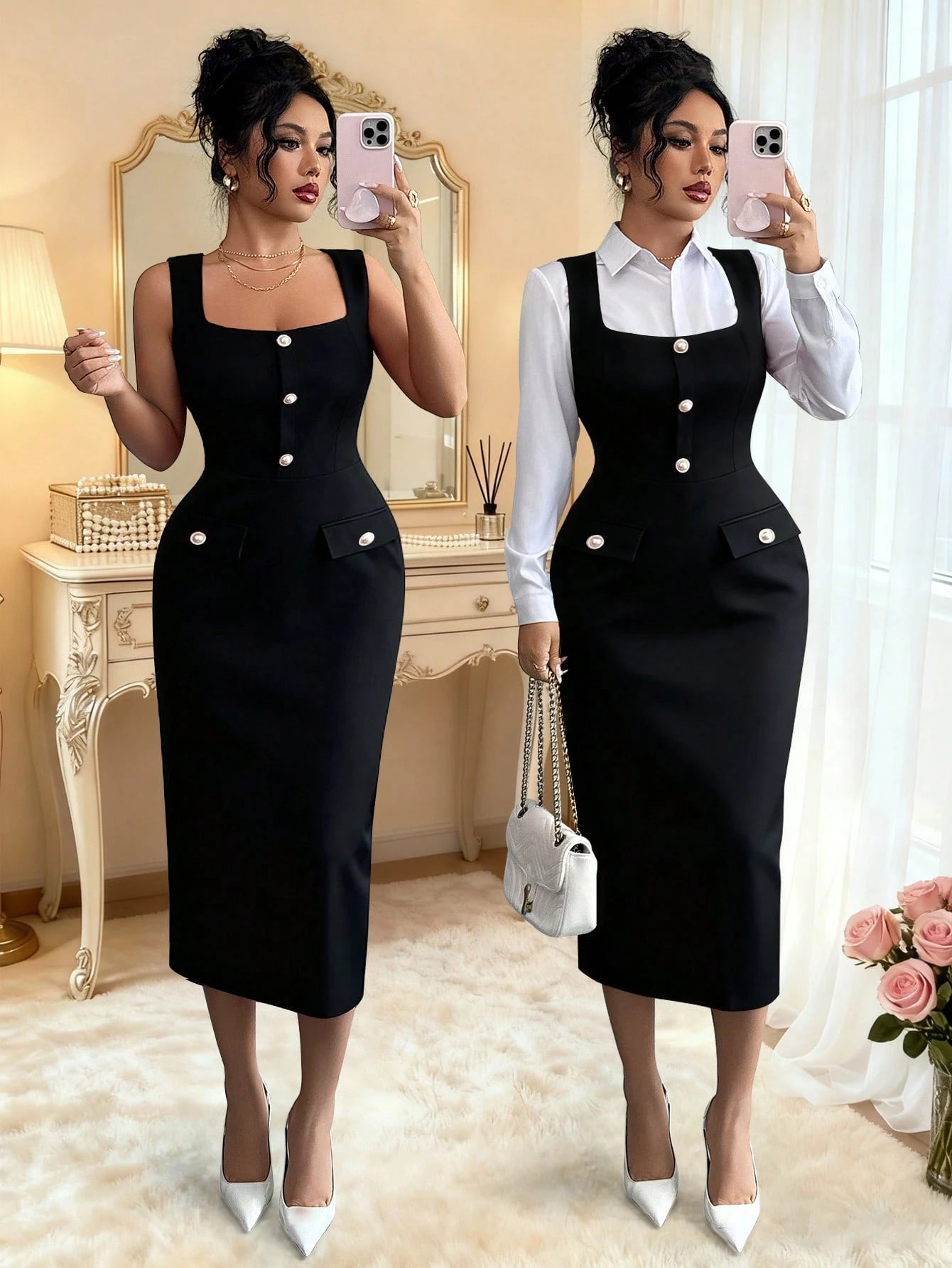Elenzga Elegant French Style Dark Green Autumn Office Bodycon Dress,Textured Knit Square Neck Sleeveless Fitted Faux Pearl Button Elongating Versatile Dress