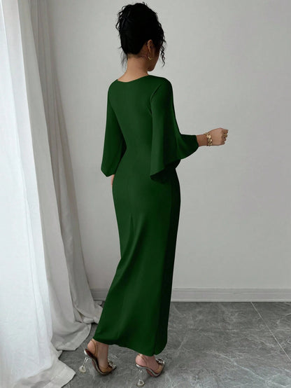 Elenzga Elegant Knitted High Elasticity Batwing Sleeve V-Neck Twist Design Women's Mid-Length Dress