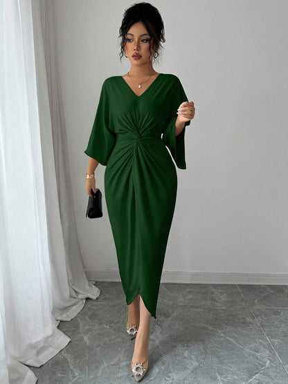 Elenzga Elegant Knitted High Elasticity Batwing Sleeve V-Neck Twist Design Women's Mid-Length Dress
