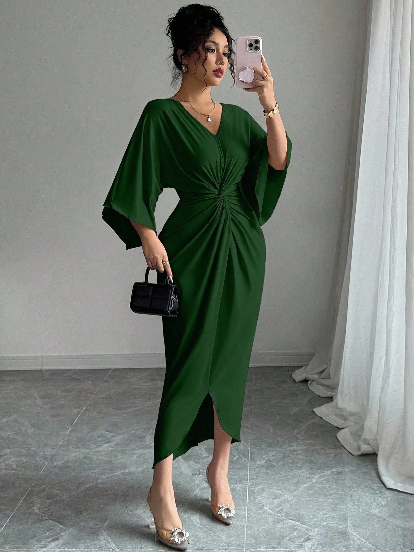 Elenzga Elegant Knitted High Elasticity Batwing Sleeve V-Neck Twist Design Women's Mid-Length Dress
