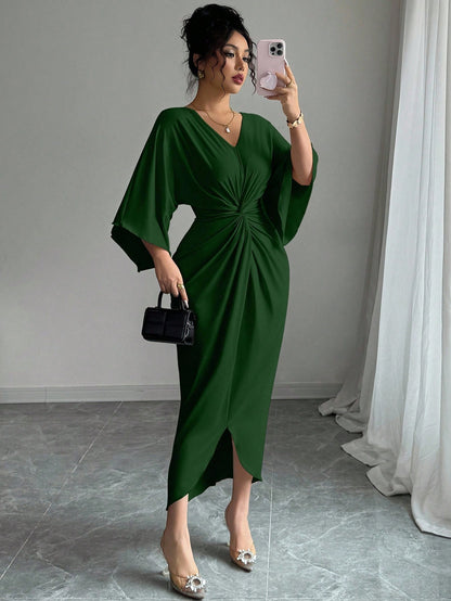 Elenzga Elegant Knitted High Elasticity Batwing Sleeve V-Neck Twist Design Women's Mid-Length Dress
