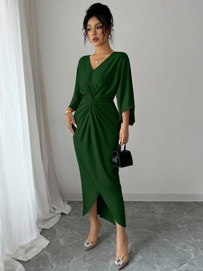 Elenzga Elegant Knitted High Elasticity Batwing Sleeve V-Neck Twist Design Women's Mid-Length Dress