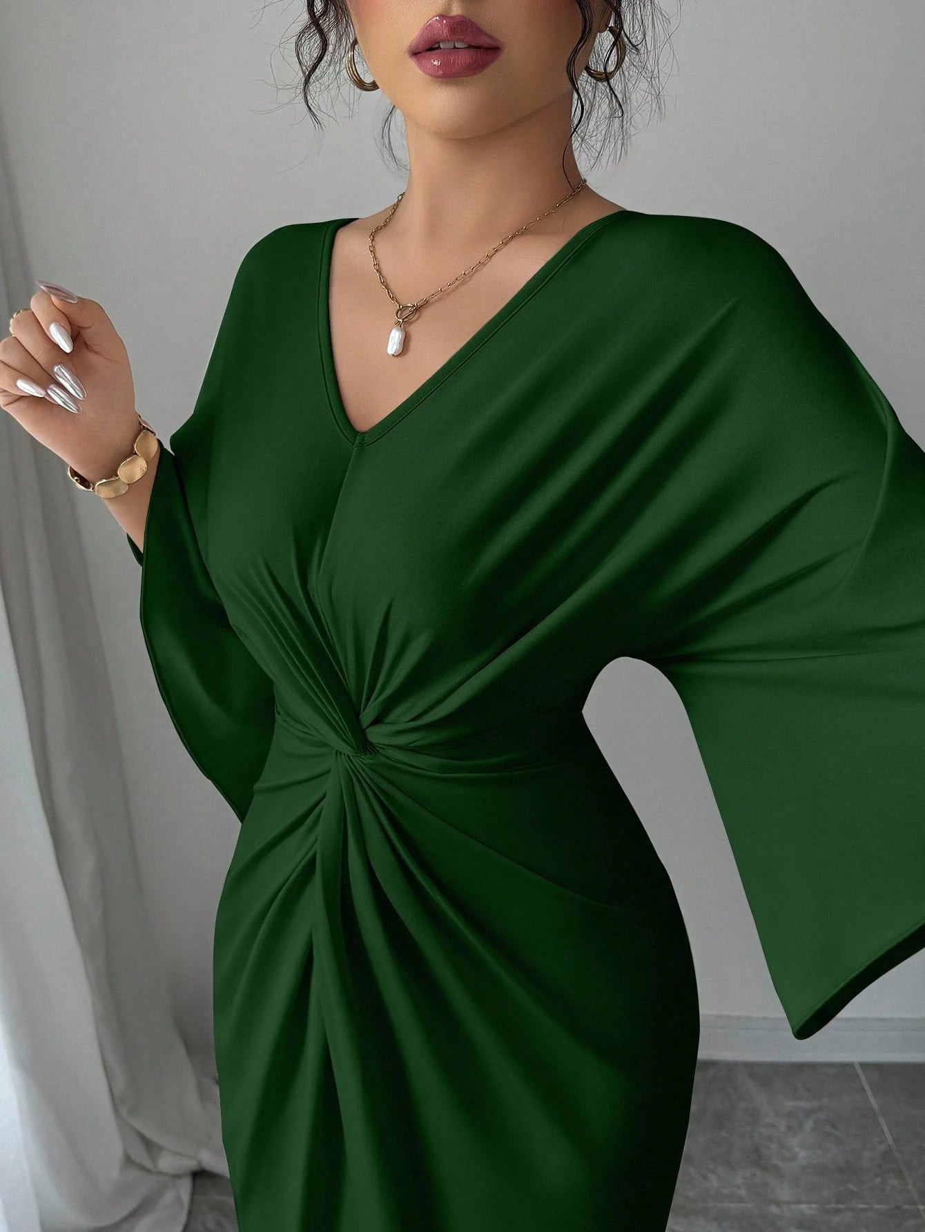 Elenzga Elegant Knitted High Elasticity Batwing Sleeve V-Neck Twist Design Women's Mid-Length Dress
