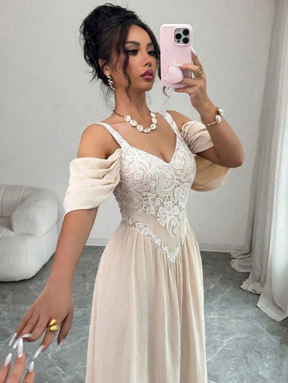 Elenzga Elegant Romantic Exquisite Women's Spaghetti Strap Sexy Off-Shoulder Retro Print A-Line Vacation Dress