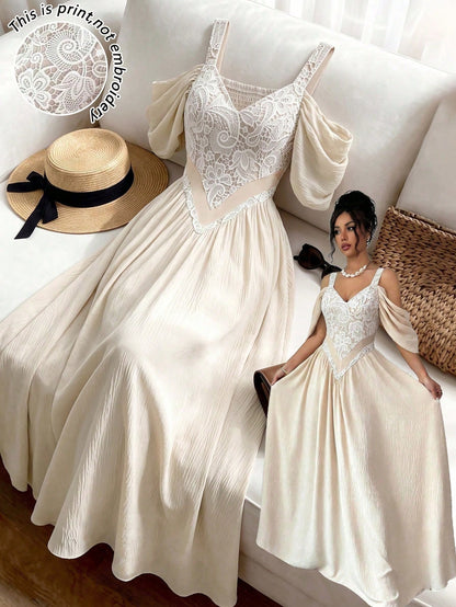 Elenzga Elegant Romantic Exquisite Women's Spaghetti Strap Sexy Off-Shoulder Retro Print A-Line Vacation Dress