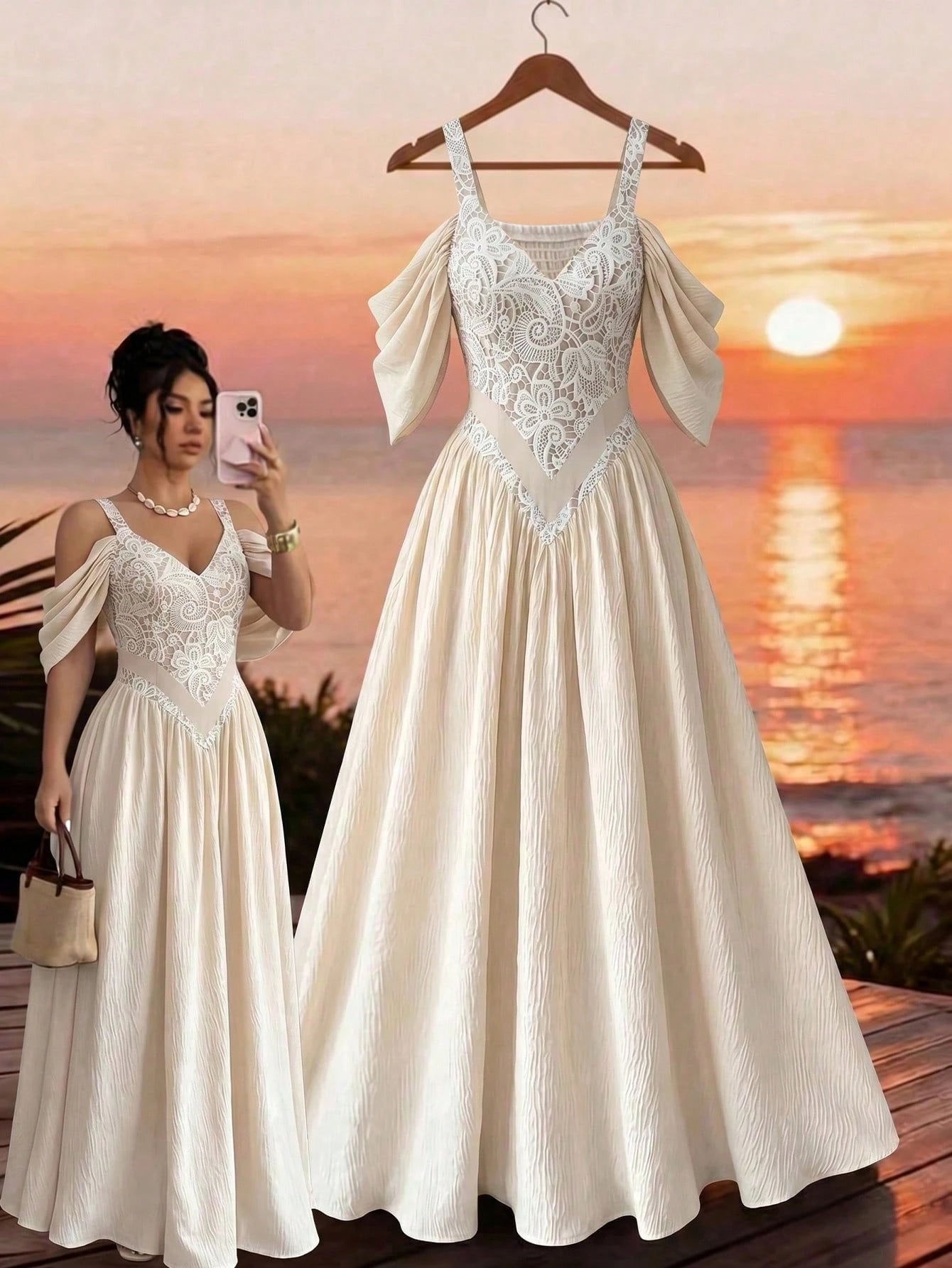 Elenzga Elegant Romantic Exquisite Women's Spaghetti Strap Sexy Off-Shoulder Retro Print A-Line Vacation Dress