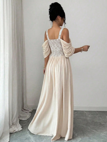Elenzga Elegant Romantic Exquisite Women's Spaghetti Strap Sexy Off-Shoulder Retro Print A-Line Vacation Dress