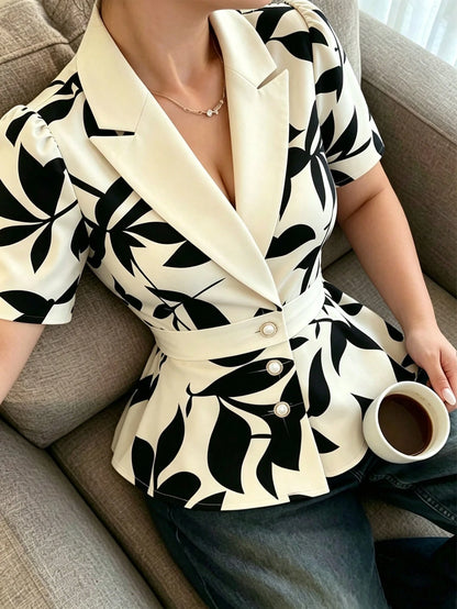 Elenzga Fashionable Elegant OL Lapel Collar Deep V-Neck Waist Seam Pleated Black Printed Pattern Short Sleeve Plus Size Women's Top