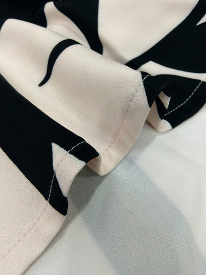 Elenzga Fashionable Elegant OL Lapel Collar Deep V-Neck Waist Seam Pleated Black Printed Pattern Short Sleeve Plus Size Women's Top