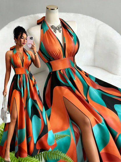 Elenzga French Style V-Neck Halter Backless A-Line Slit Sleeveless Maxi Dress For Women,Burnt Orange,Summer,Boho,Elegant,Beach Vacation,Holiday,Holiday Print