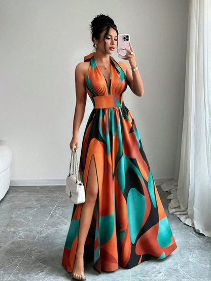 Elenzga French Style V-Neck Halter Backless A-Line Slit Sleeveless Maxi Dress For Women,Burnt Orange,Summer,Boho,Elegant,Beach Vacation,Holiday,Holiday Print