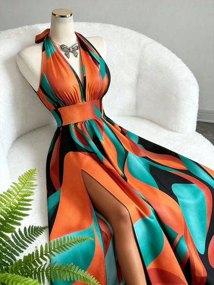 Elenzga French Style V-Neck Halter Backless A-Line Slit Sleeveless Maxi Dress For Women,Burnt Orange,Summer,Boho,Elegant,Beach Vacation,Holiday,Holiday Print