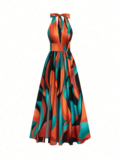 Elenzga French Style V-Neck Halter Backless A-Line Slit Sleeveless Maxi Dress For Women,Burnt Orange,Summer,Boho,Elegant,Beach Vacation,Holiday,Holiday Print