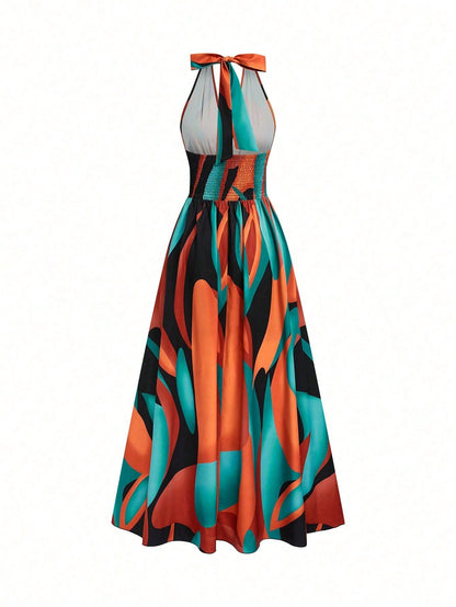 Elenzga French Style V-Neck Halter Backless A-Line Slit Sleeveless Maxi Dress For Women,Burnt Orange,Summer,Boho,Elegant,Beach Vacation,Holiday,Holiday Print