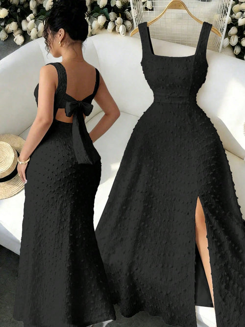 Elenzga New Sleeveless Square Neck Textured Knit Dress With Open Back Bow Tie Design, Elegant Fitted Party Dress
