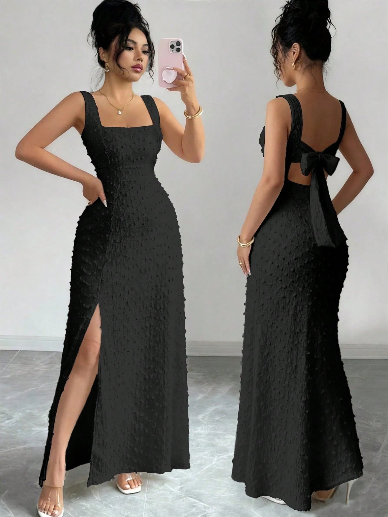 Elenzga New Sleeveless Square Neck Textured Knit Dress With Open Back Bow Tie Design, Elegant Fitted Party Dress