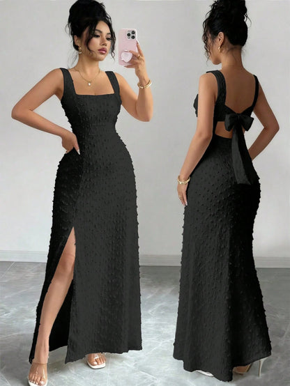 Elenzga New Sleeveless Square Neck Textured Knit Dress With Open Back Bow Tie Design, Elegant Fitted Party Dress