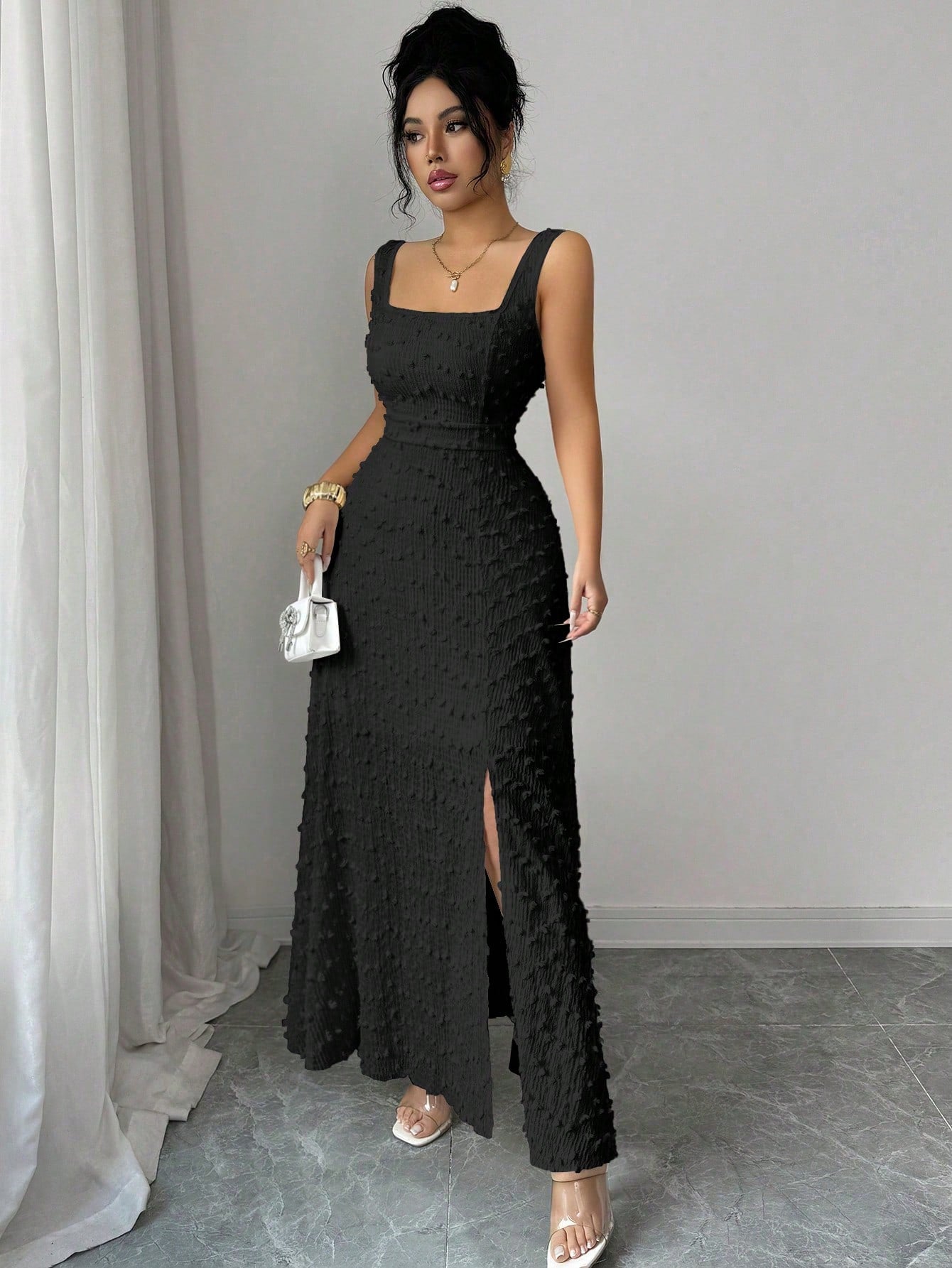 Elenzga New Sleeveless Square Neck Textured Knit Dress With Open Back Bow Tie Design, Elegant Fitted Party Dress