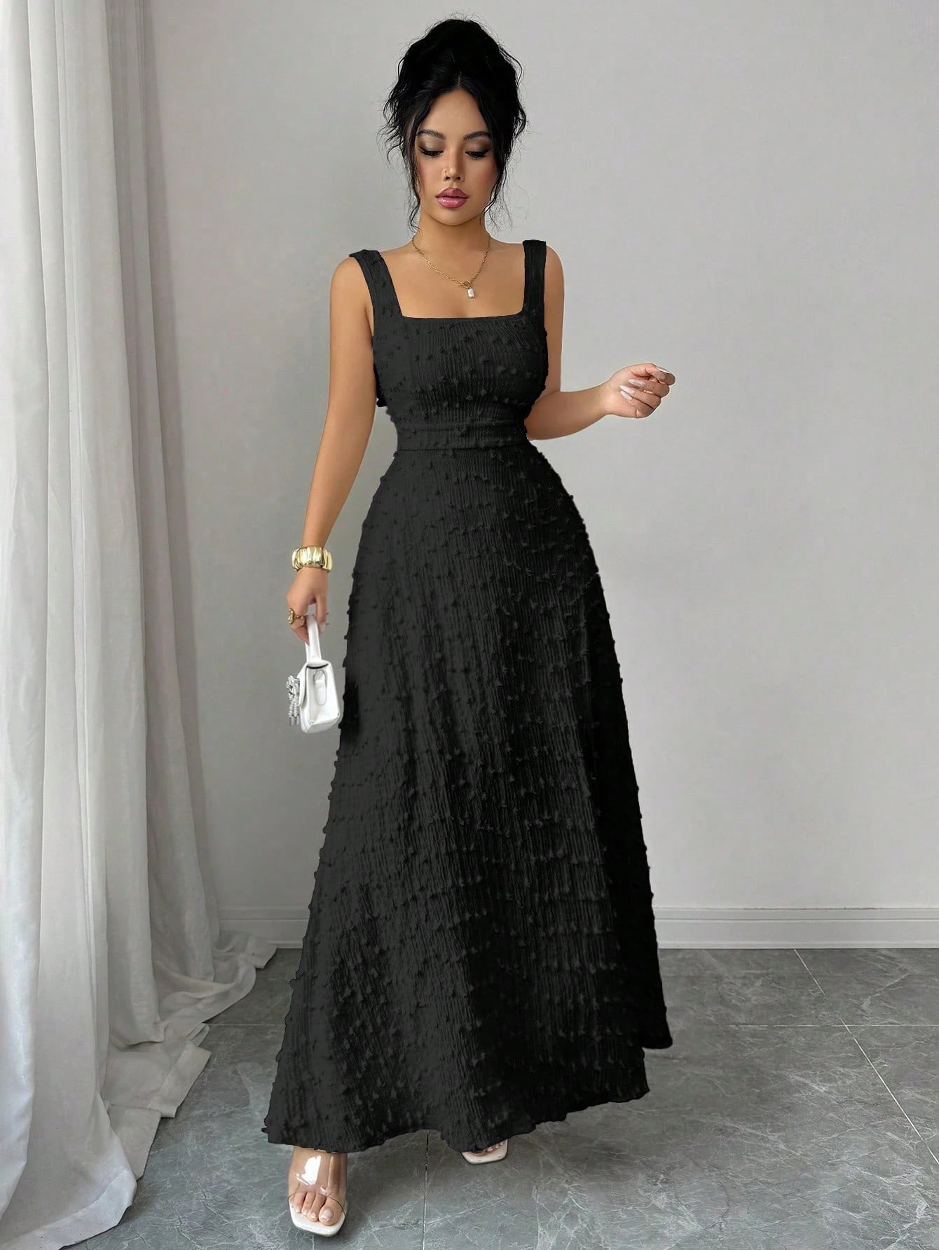 Elenzga New Sleeveless Square Neck Textured Knit Dress With Open Back Bow Tie Design, Elegant Fitted Party Dress