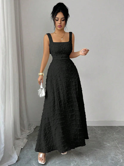 Elenzga New Sleeveless Square Neck Textured Knit Dress With Open Back Bow Tie Design, Elegant Fitted Party Dress