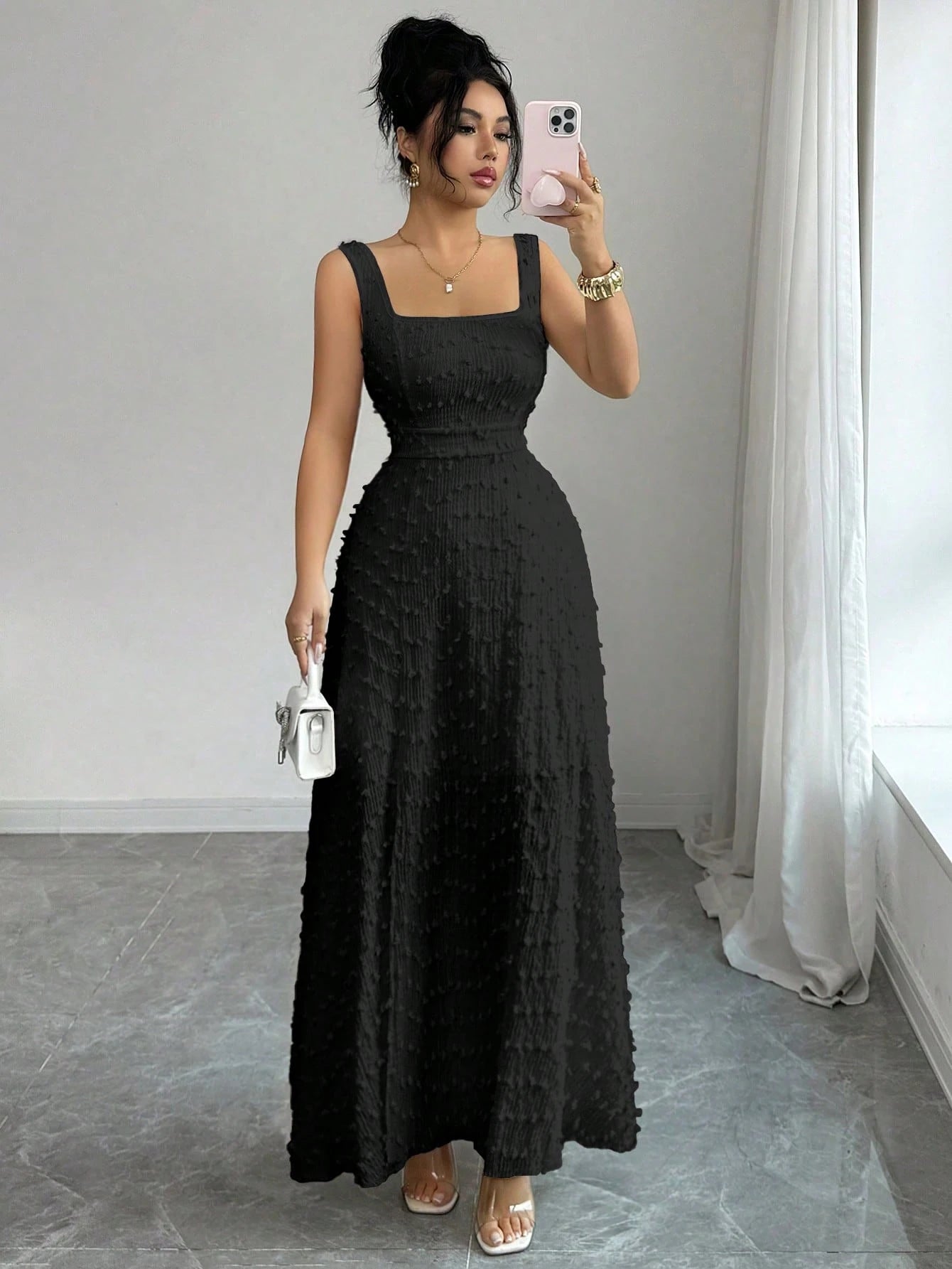 Elenzga New Sleeveless Square Neck Textured Knit Dress With Open Back Bow Tie Design, Elegant Fitted Party Dress