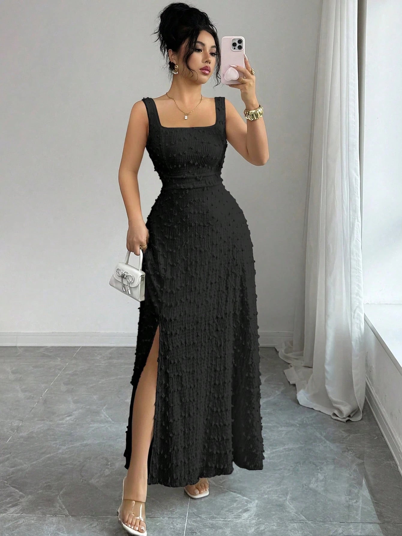 Elenzga New Sleeveless Square Neck Textured Knit Dress With Open Back Bow Tie Design, Elegant Fitted Party Dress