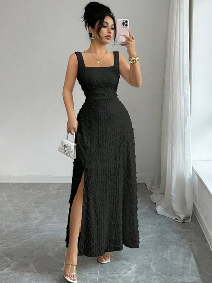 Elenzga New Sleeveless Square Neck Textured Knit Dress With Open Back Bow Tie Design, Elegant Fitted Party Dress