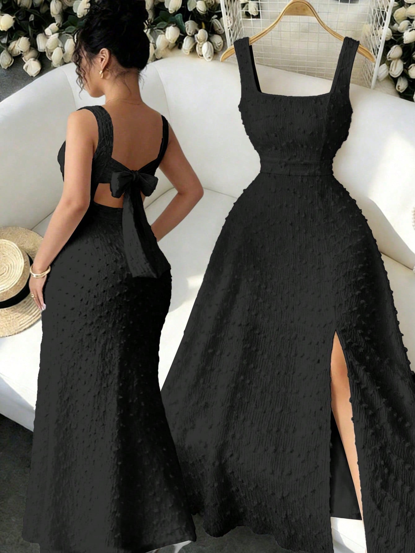Elenzga New Sleeveless Square Neck Textured Knit Dress With Open Back Bow Tie Design, Elegant Fitted Party Dress
