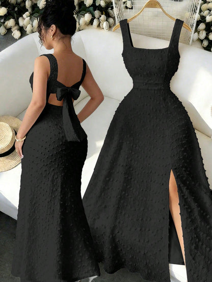 Elenzga New Sleeveless Square Neck Textured Knit Dress With Open Back Bow Tie Design, Elegant Fitted Party Dress