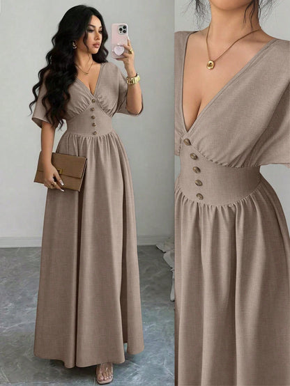 Elenzga New Spring/Summer Women's Casual Elegant Fashion Floral Button V-Neck Batwing Sleeve Linen Khaki Elastic Waist Design Long Dress, Suitable For Thanksgiving, Halloween