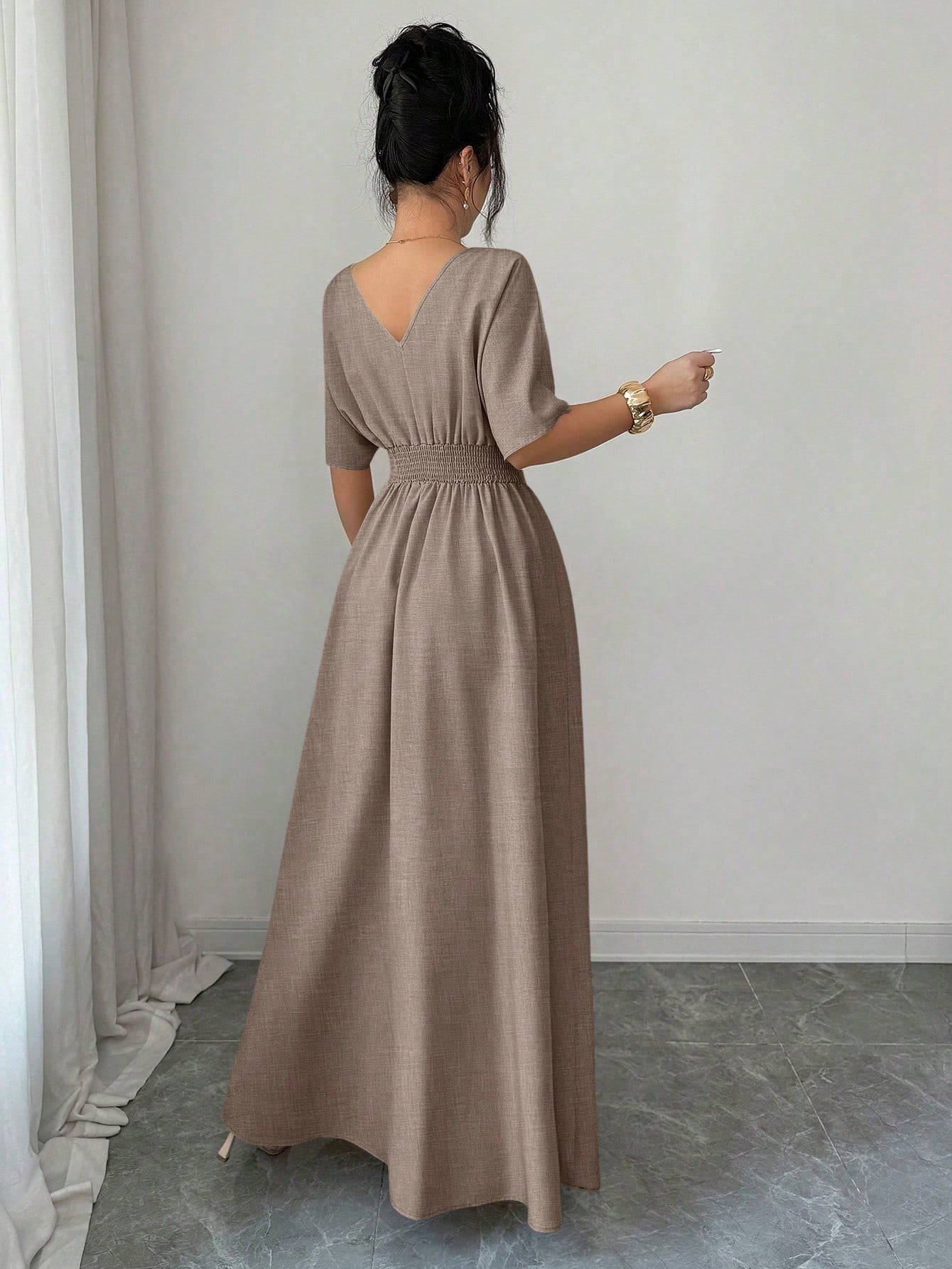 Elenzga New Spring/Summer Women's Casual Elegant Fashion Floral Button V-Neck Batwing Sleeve Linen Khaki Elastic Waist Design Long Dress, Suitable For Thanksgiving, Halloween
