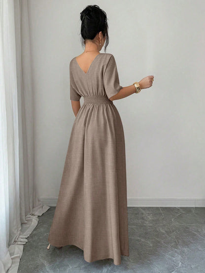 Elenzga New Spring/Summer Women's Casual Elegant Fashion Floral Button V-Neck Batwing Sleeve Linen Khaki Elastic Waist Design Long Dress, Suitable For Thanksgiving, Halloween