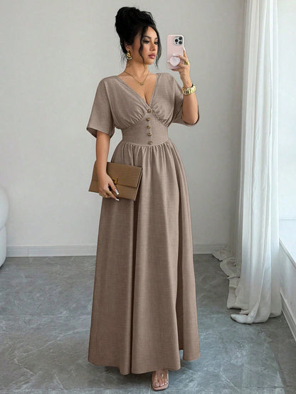 Elenzga New Spring/Summer Women's Casual Elegant Fashion Floral Button V-Neck Batwing Sleeve Linen Khaki Elastic Waist Design Long Dress, Suitable For Thanksgiving, Halloween
