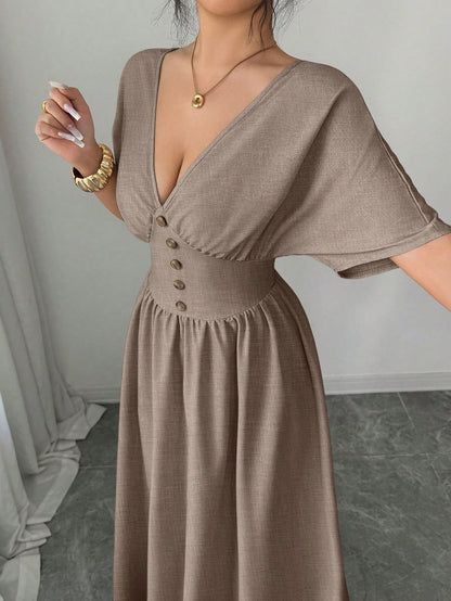 Elenzga New Spring/Summer Women's Casual Elegant Fashion Floral Button V-Neck Batwing Sleeve Linen Khaki Elastic Waist Design Long Dress, Suitable For Thanksgiving, Halloween