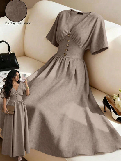 Elenzga New Spring/Summer Women's Casual Elegant Fashion Floral Button V-Neck Batwing Sleeve Linen Khaki Elastic Waist Design Long Dress, Suitable For Thanksgiving, Halloween