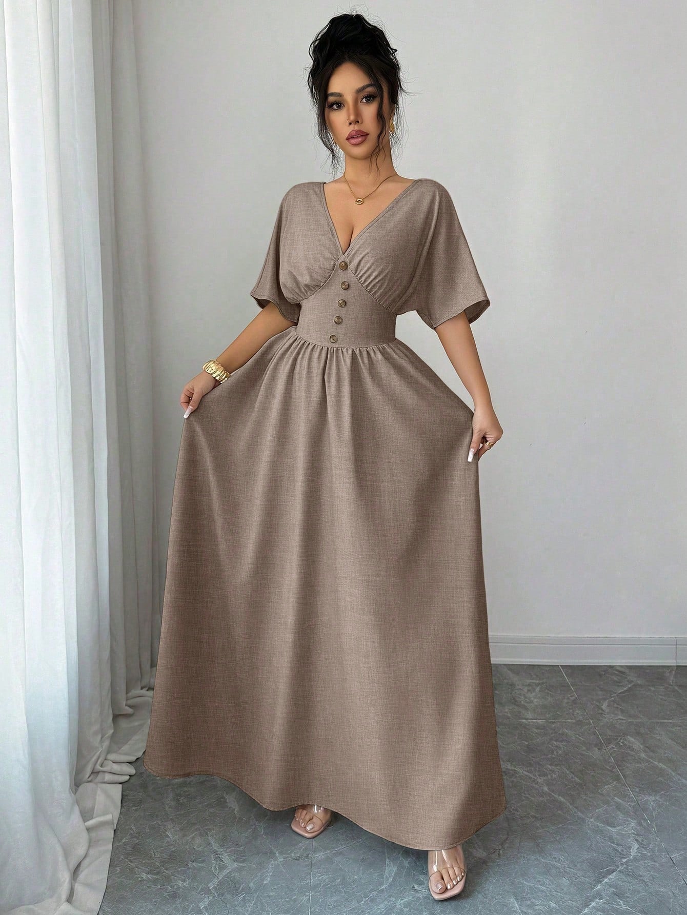 Elenzga New Spring/Summer Women's Casual Elegant Fashion Floral Button V-Neck Batwing Sleeve Linen Khaki Elastic Waist Design Long Dress, Suitable For Thanksgiving, Halloween