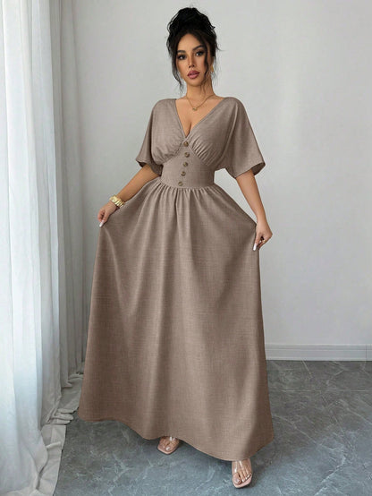 Elenzga New Spring/Summer Women's Casual Elegant Fashion Floral Button V-Neck Batwing Sleeve Linen Khaki Elastic Waist Design Long Dress, Suitable For Thanksgiving, Halloween