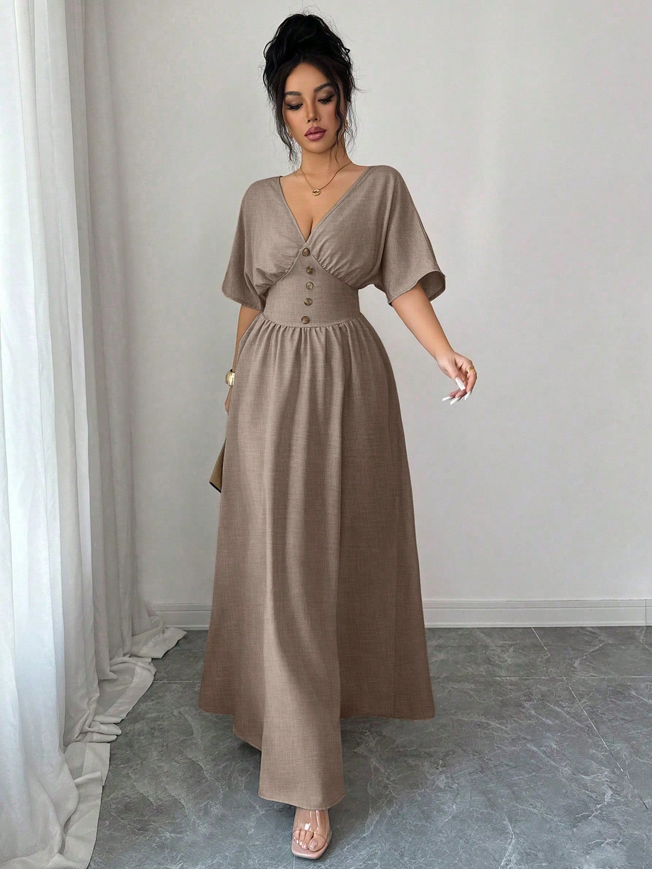 Elenzga New Spring/Summer Women's Casual Elegant Fashion Floral Button V-Neck Batwing Sleeve Linen Khaki Elastic Waist Design Long Dress, Suitable For Thanksgiving, Halloween