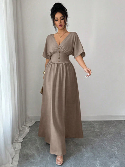Elenzga New Spring/Summer Women's Casual Elegant Fashion Floral Button V-Neck Batwing Sleeve Linen Khaki Elastic Waist Design Long Dress, Suitable For Thanksgiving, Halloween