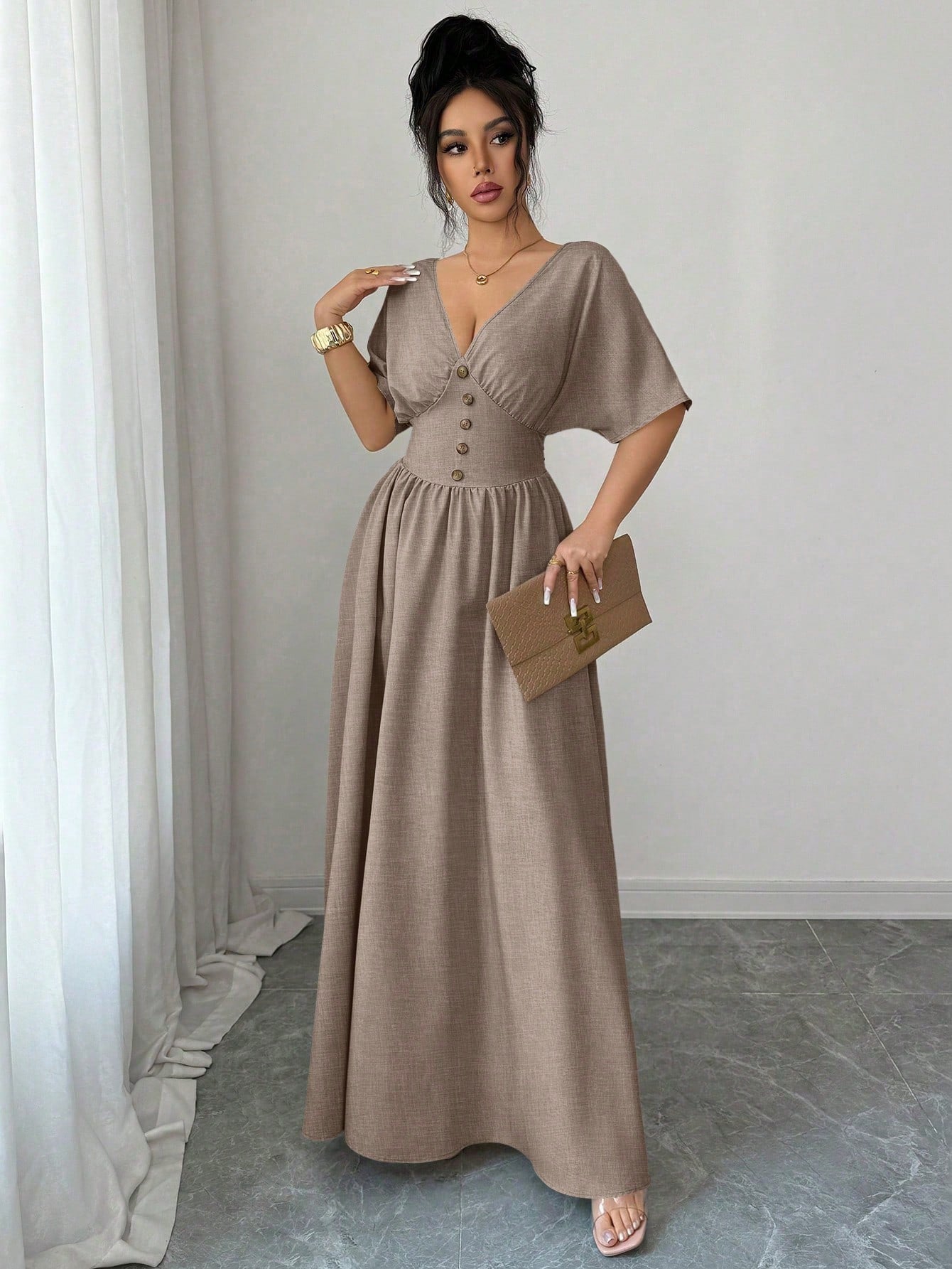 Elenzga New Spring/Summer Women's Casual Elegant Fashion Floral Button V-Neck Batwing Sleeve Linen Khaki Elastic Waist Design Long Dress, Suitable For Thanksgiving, Halloween