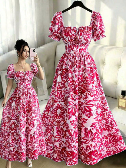 Elenzga New Women's Digital Print Puff Sleeve Lace Up Front, Gathered Waist Elegant Dress, Suitable For Dates, Holidays, Graceful