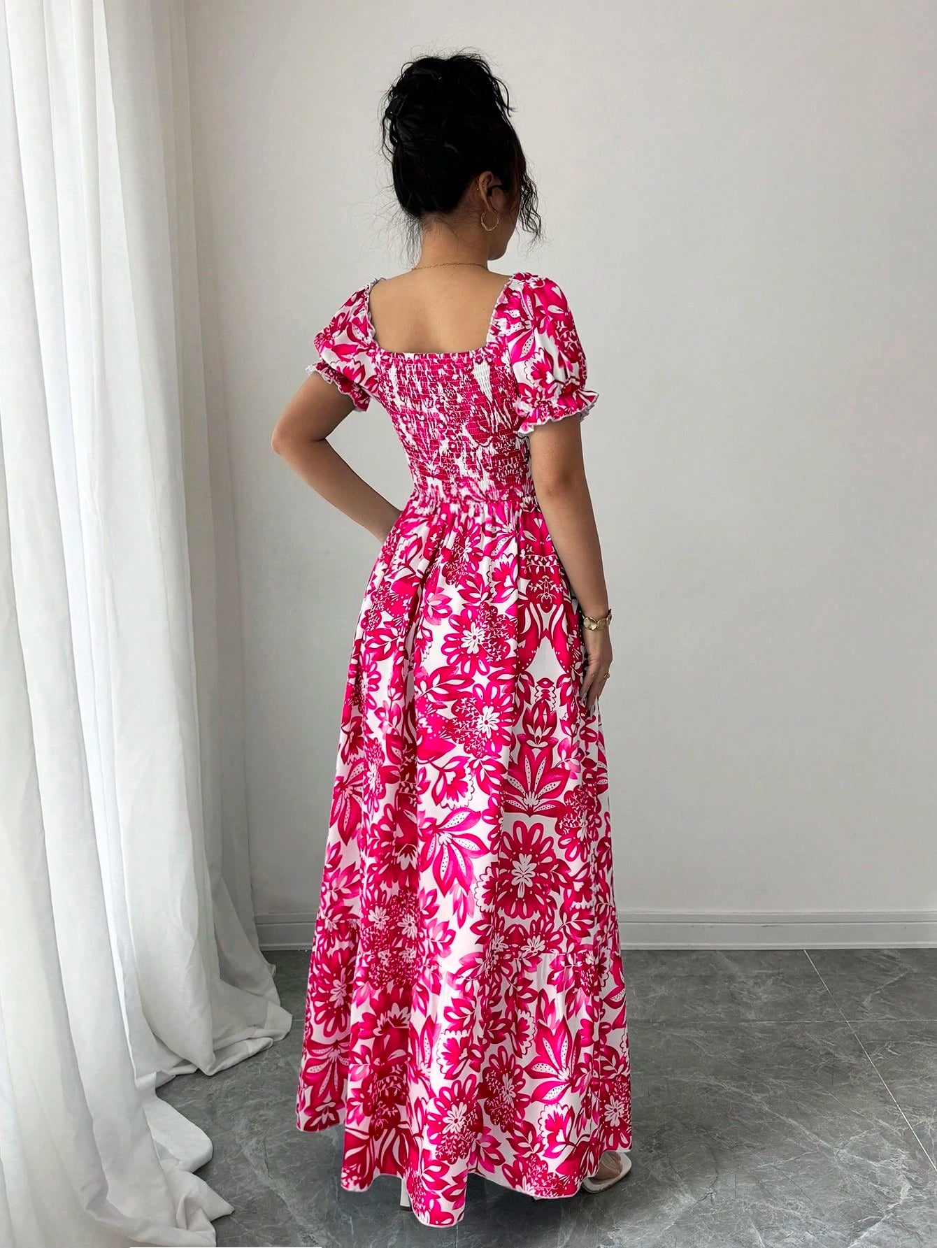 Elenzga New Women's Digital Print Puff Sleeve Lace Up Front, Gathered Waist Elegant Dress, Suitable For Dates, Holidays, Graceful